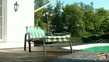 Blonde polishes herself by the outdoor pool as her boyfriend arrives for doggy style anal.