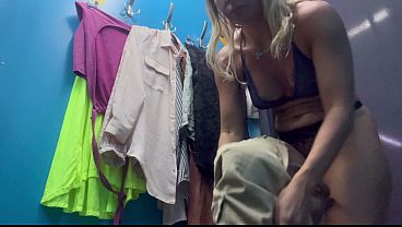 Dressing room. Cmera show. Russian girl with big boobs and nipples change clothes. Kriss Wou