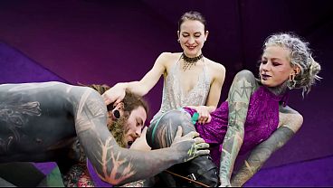 Heavy TATTOOED sub played with and PEGGED by 2 dominas