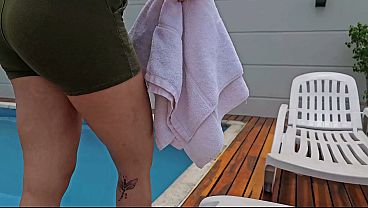 I seduce my neighbor by the pool and he fucks me in the bathroom