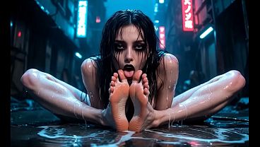 Nyx Loops – cyberpunk goth tasting and licking her feet in an alley – AI Generated
