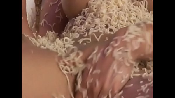 Asian cocksucker gets her pussy stuffed with noodles and dick