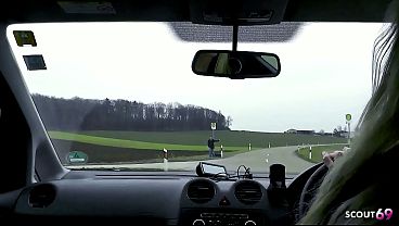 German Mature Julia Pink seduce Hitchhiker Boy to Cheating Fuck in Car rim whit Plug in Ass